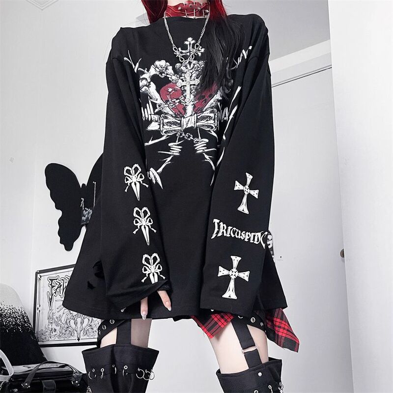 Japanese Original Print Subculture Dark Skull Crown Loose Long-Sleeve T-Shirt Autumn and Winter Gothic Style Top ins