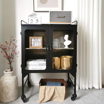 Modern industrial wind black iron iron metal side cabinet storage short cabinet living room sofa side cabinet glass display wine cabinet