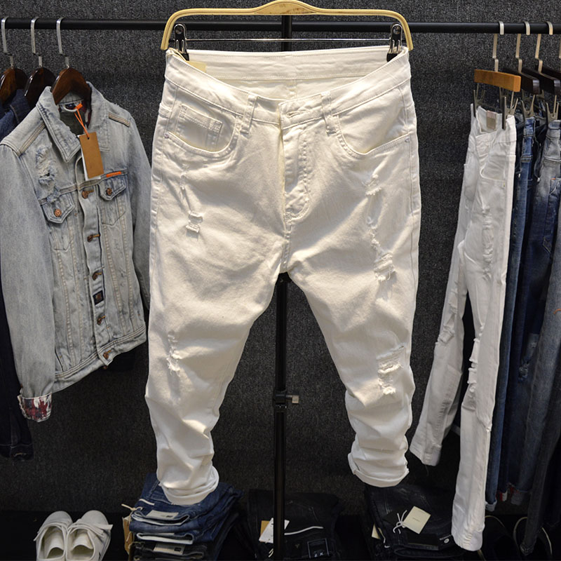 Slightly down the white pants male Korean version Trend 100 hitch a hole 90% Summer slim fit jeans Men's body Smoke Pipe Pants