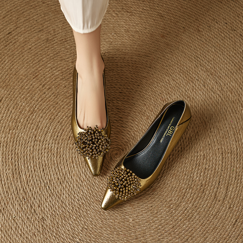French-Style Pointed-Toe Shallow Single Shoes for Women 2026 Early Spring Beaded Floral Genuine Leather Versatile Chunky Heel Gold High Heels