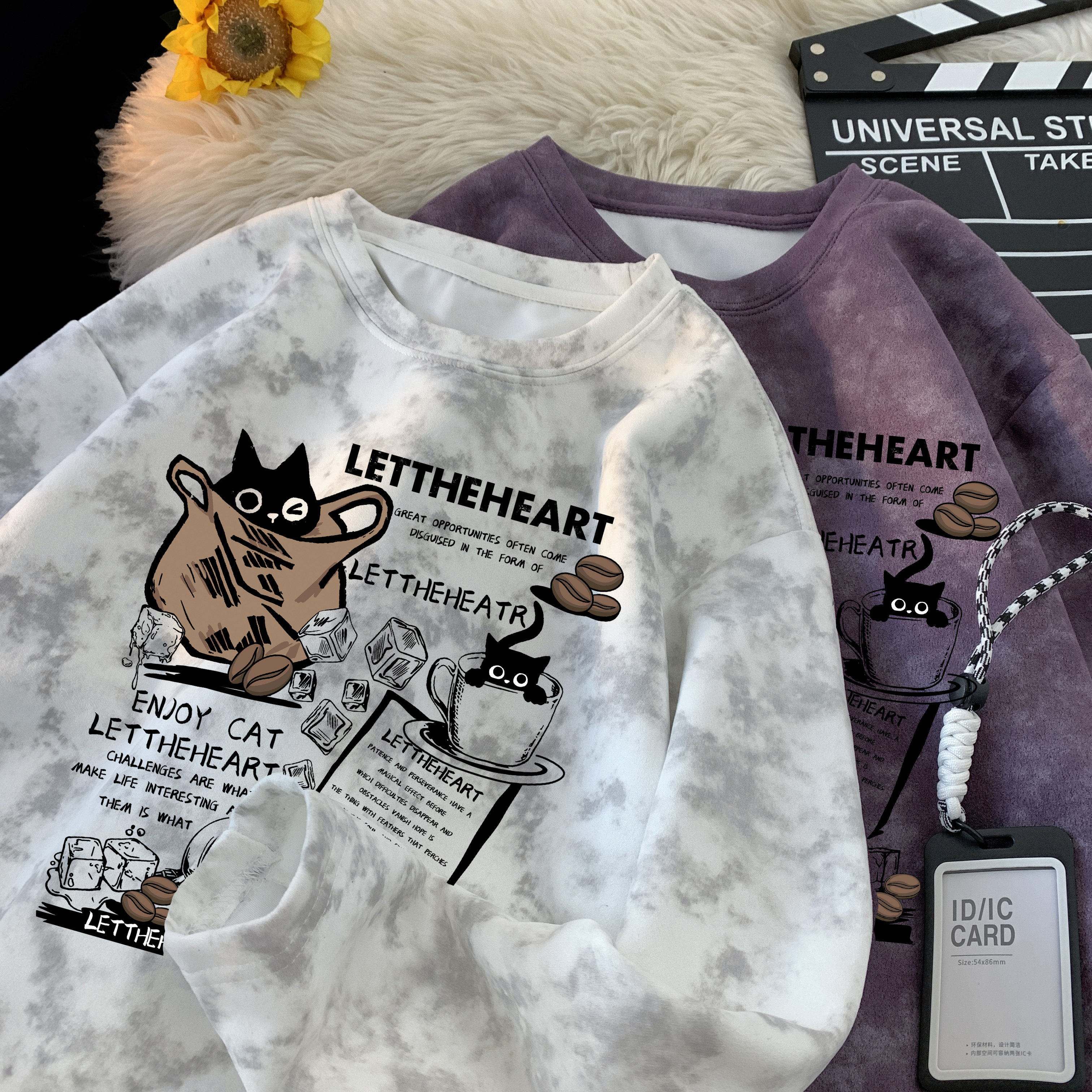 Мужская осенняя футболка с принтом tie-dye и длинными рукавами в американском стиле, тренд ins cat, свободная повседневная куртка high street с круглым вырезом