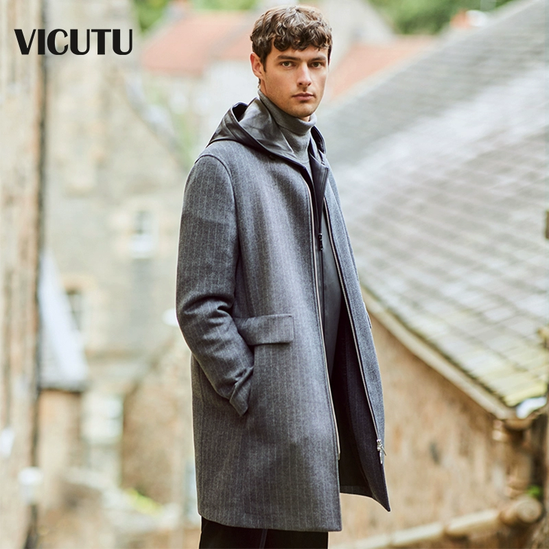 Áo khoác len nam của VICUTU / Weikeduo trong chiếc áo khoác len mỏng màu xám đậm dài - Áo len