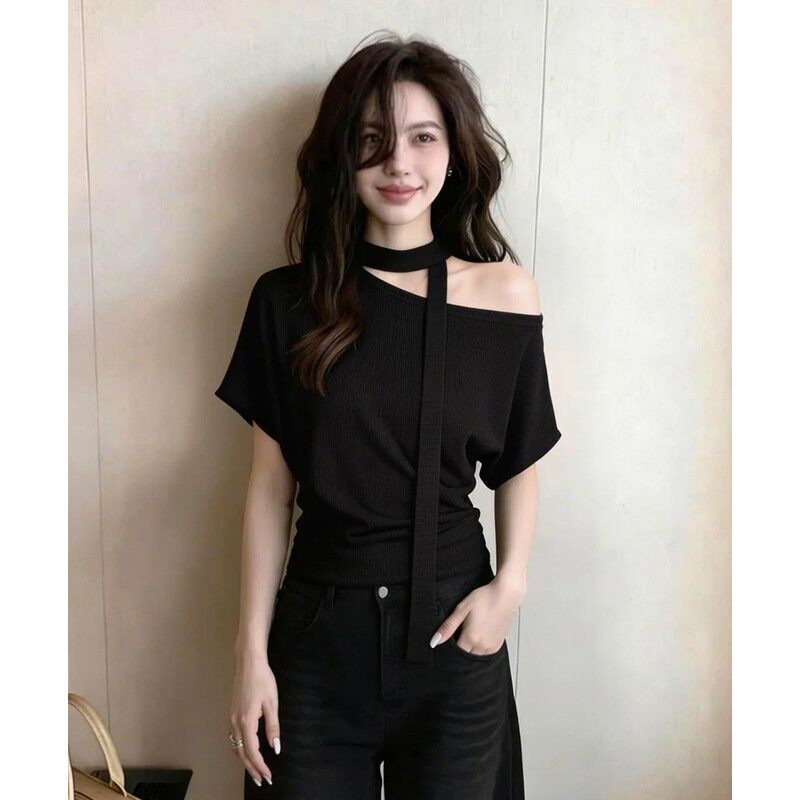Stylish Asymmetrical Shoulder Tie Short-Sleeve T-Shirt for Women, Summer Plus-Size, Pure Desire Style, Flattering and Slimming Top, Trendy