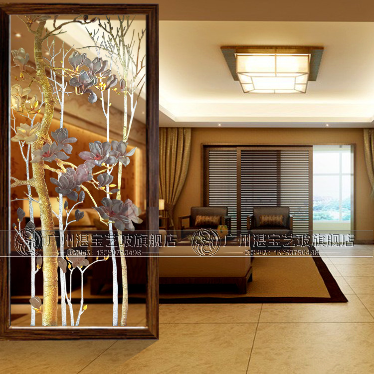 Art glass screen modern craft double-sided carved gold foil craft porch partition living room background wall magnolia tree