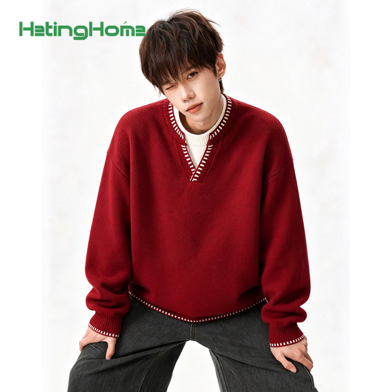 Hetinghome Superman Can'T Fly! Autumn Trendy Brand Couple's Red Fake Two-Piece Sweater Loose Men's Top