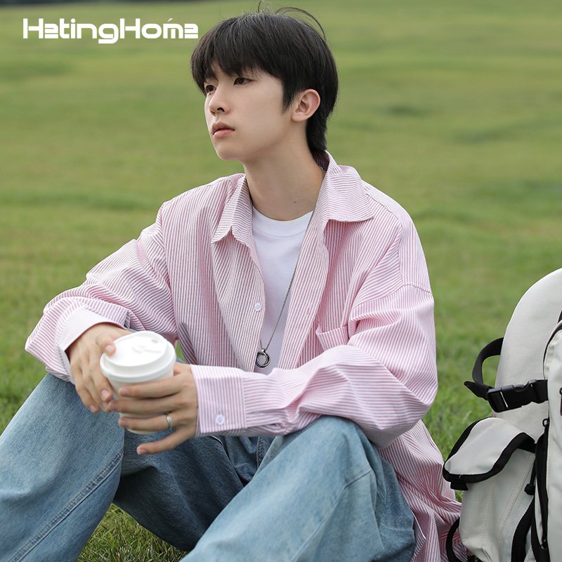 Hetinghome Pink Ocean! Spring Trendy Brand Couple Striped Long-Sleeve Shirt Loose Fit Men's Outerwear Shirt