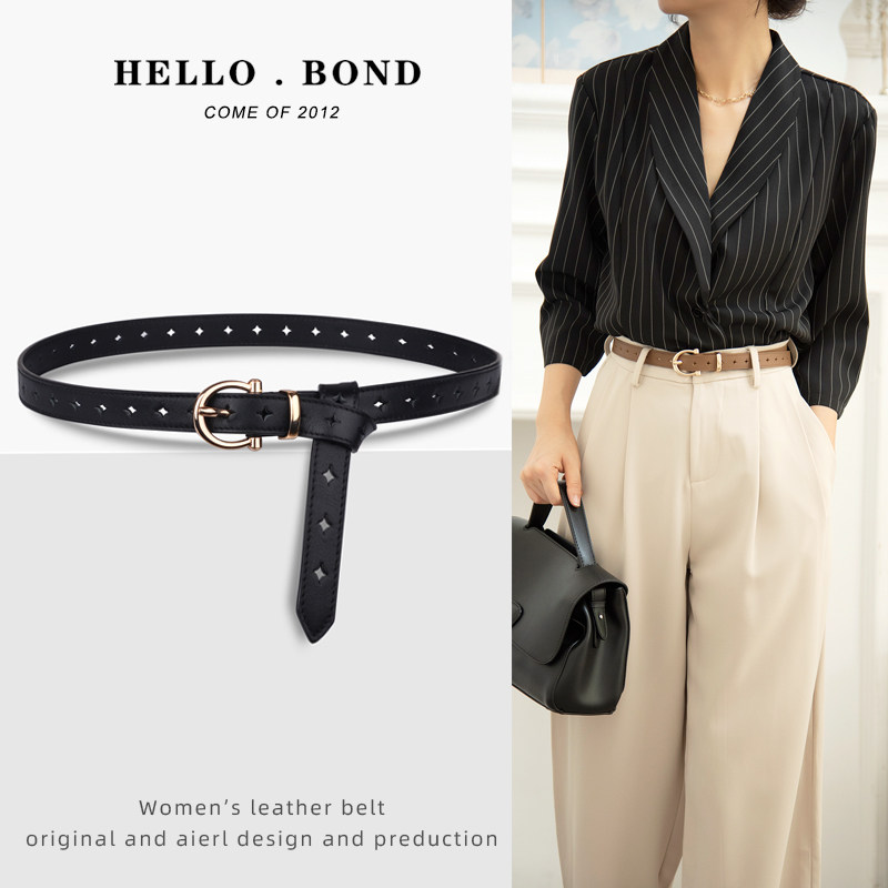 Belt women's perforation-free genuine leather top layer calfskin simple all-match ins style belt women's thin hollow decorative belt