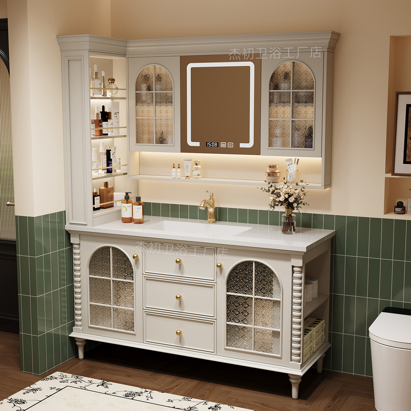 French Retro Style Solid Wood Floor-Standing Side Cabinet Bathroom Cabinet Combination Storage Cabinet with Seamless Rock Slab Basin Bathroom Vanity