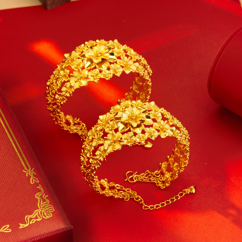 Floral New Style Gold-Plated Flower Cluster Bracelet for Women, New Chinese Style Exquisite Bracelet, Wedding Fake Three-Gold Jewelry