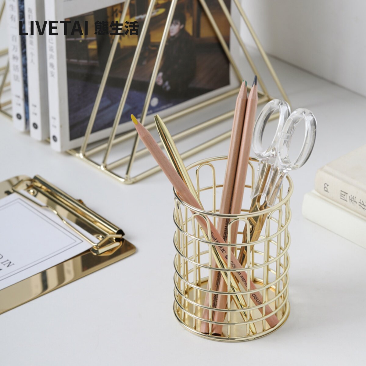State life golden iron art hollowed-out pen holder creative fashion desktop containing student stationery containing cylinder cosmetic cylinder