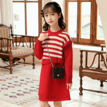 High-end girl dress 2021 new autumn winter foreign style girl knitted sweater long dress
