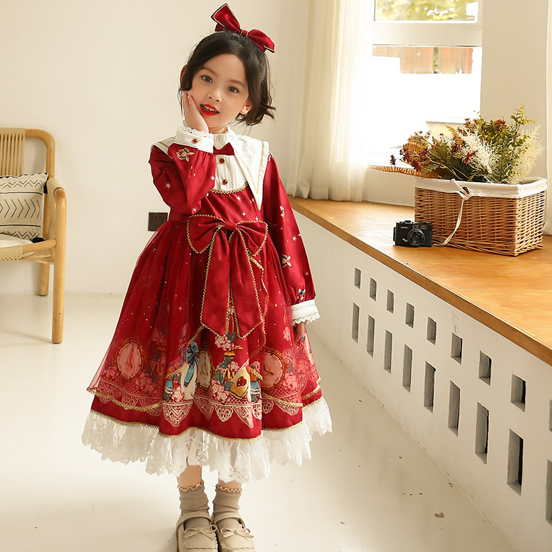 Girl Lolita princess Long dress print Ocean dress Spring dress Children's polo skirt CUHK Tong Lolita skirts