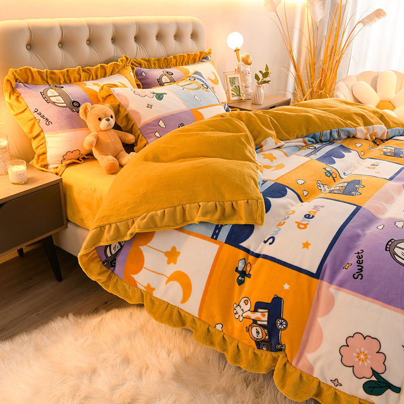 Coral fleece plus fleece thickened crystal flange fluff quilt cover four-piece set winter high-grade milk fleece quilt cover