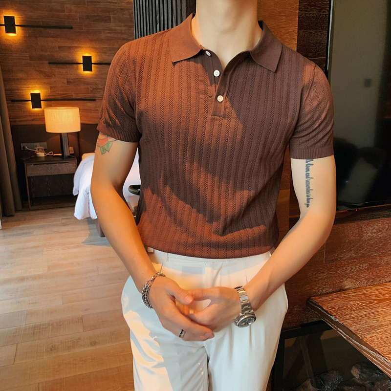 Summer Light Extravaganza Business Casual Ice Silk Knit Short Sleeve Polo Jersey Man Inglese Truffle Tiled Pure Color T-shirt