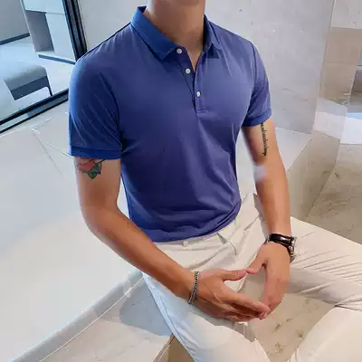 European station men's European goods Tide brand summer short sleeve casual polo shirt Ice Silk solid color British slim lapel T-shirt