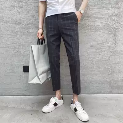 European station men's European goods tide summer ankle-length pants men's slim feet trousers hanging casual Joker plaid pants
