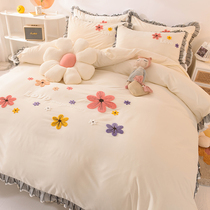 Korean style ins style pure cotton bed skirt four-piece set pure cotton princess style quilt cover girls heart-warming off-white quilt non-slip bedspread 4