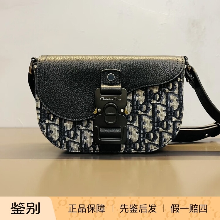 Dior Oblique Fabric and Grain Leather Saddle Bag, Single Shoulder Crossbody Bag, Black with Beige