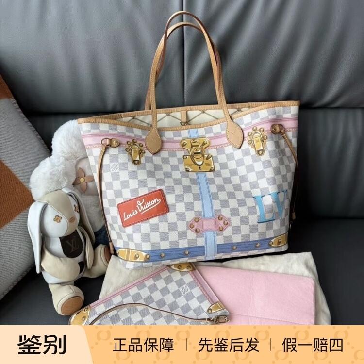 Lv Louis Vuitton Neverfull Checkerboard Illustration Print Tote Bag Beige/Brown Lv Louis Vuitton Neverfull Checkerboard Illustration Print Tote Bag Beige/Brown