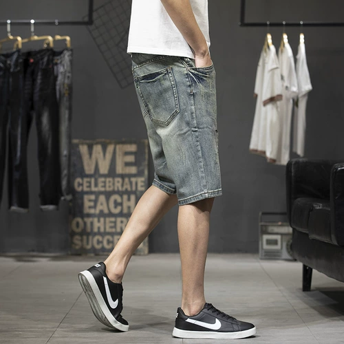 Большой эластичный прилив бренд пронзительный джинсовый шорты мужская личность -это старый измельчение желтого нищего соскребает пять конных брюк, толстые, тонкие