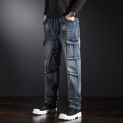 Эластичные джинсы, штаны, эластичная талия, на шнурках, свободный прямой крой