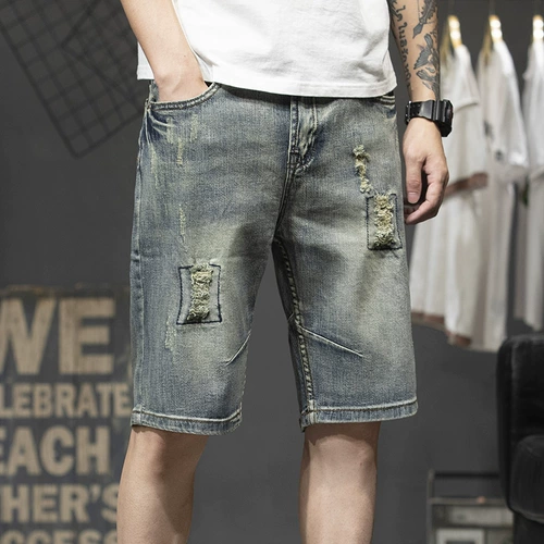 Большой эластичный прилив бренд пронзительный джинсовый шорты мужская личность -это старый измельчение желтого нищего соскребает пять конных брюк, толстые, тонкие