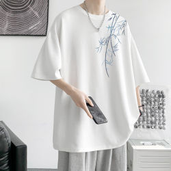 300g Heavyweight Pure Cotton Short-Sleeve T-Shirt for Men, Summer Bamboo Design, Loose-Fitting Half-Sleeve Top, Trendy Base Shirt