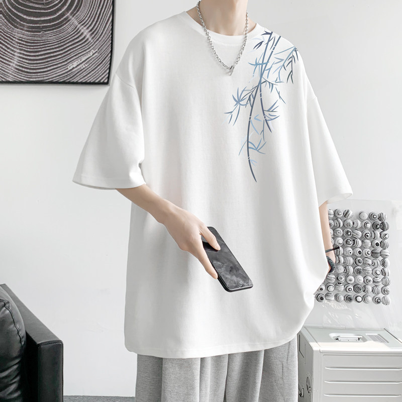 300g Heavyweight Pure Cotton Short-Sleeve T-Shirt for Men, Summer Bamboo Design, Loose-Fitting Half-Sleeve Top, Trendy Base Shirt