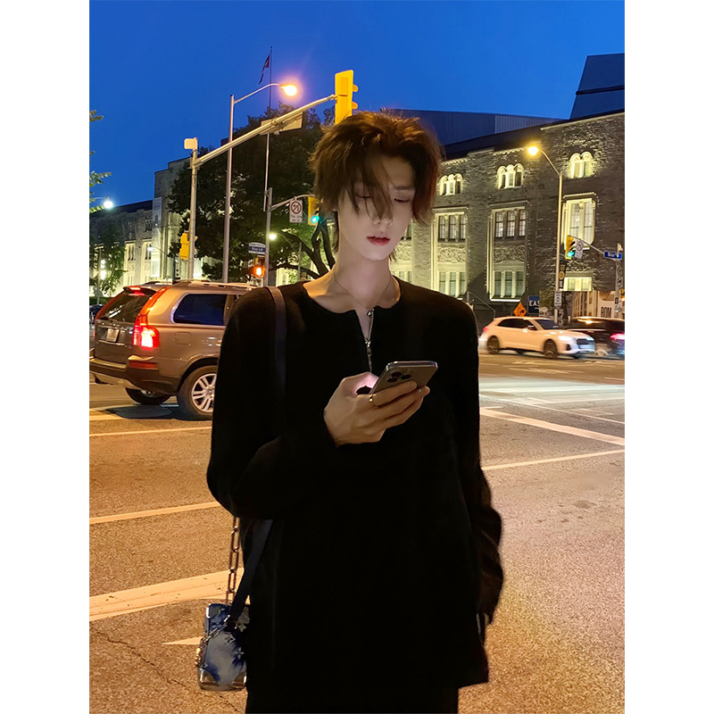 American-Style Half-Zip Waffle Knit Long-Sleeve T-Shirt for Men, High-End Black Sweatshirt, Cleanfit Inner Layer Base Shirt
