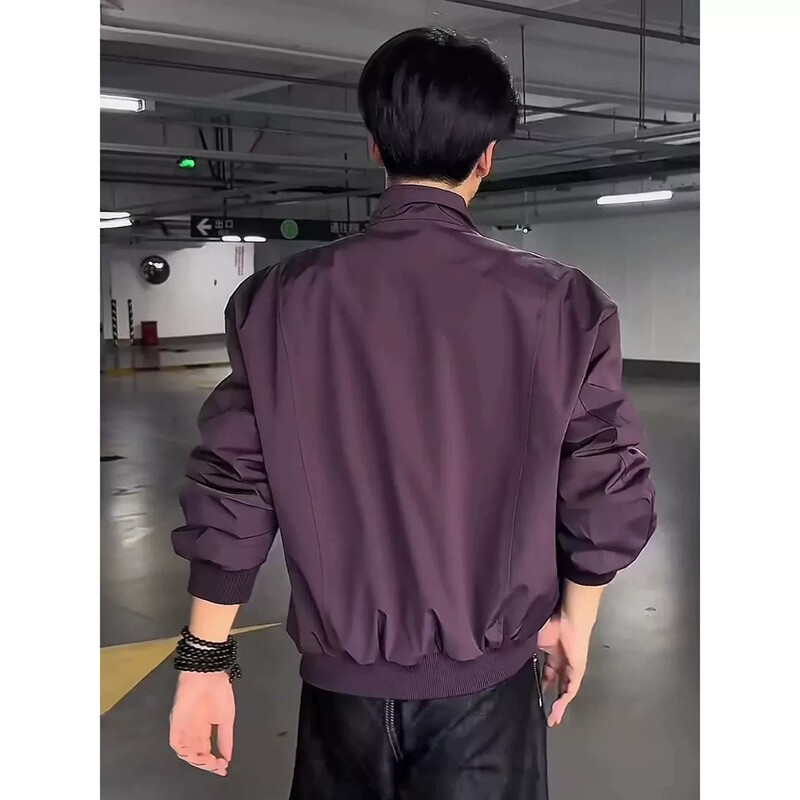 Purple American-Style Silhouette Bomber Jacket for Men, Autumn Short Deconstructed Sports Coat with a High-End Feel, Stand-Up Collar Baseball Jacket