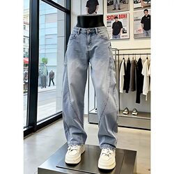 American-Style Slanted Blue Knife-Cut Jeans for Men, Summer Niche Design Straight-Leg Pants, Cool and Loose Wide-Leg Pants