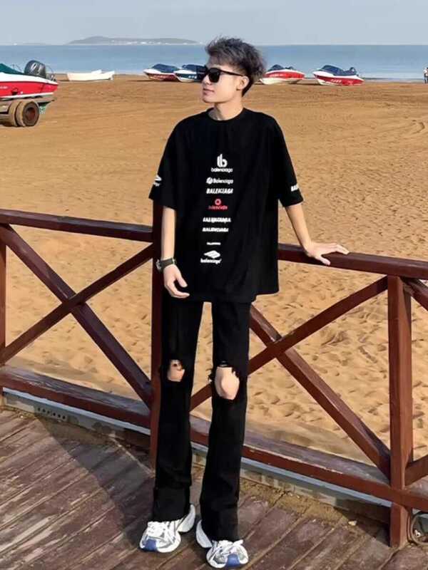 Black Ripped Knee Flared Jeans for Men, Summer Trendy Slim Fit American High Street Style Frayed Straight Pants