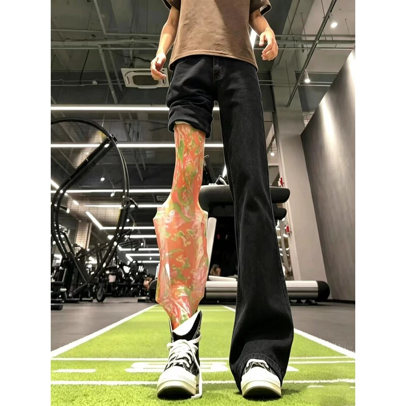 Black American-Style Straight-Leg Slim-Fit Jeans for Men, Autumn Casual High-Waisted Flared Pants