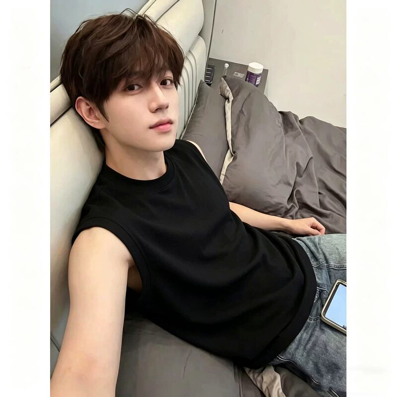 Black Cotton Sleeveless T-Shirt for Men, Summer Wear, American Style Fitness Sports Vest, Round Neck, Quick-Drying Undershirt