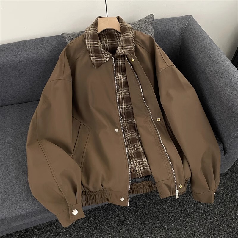 Retro Fake Two-Piece Flight Jacket for Men, Melard Style, Plaid Patchwork Baseball Uniform, American Casual Brown Jacket