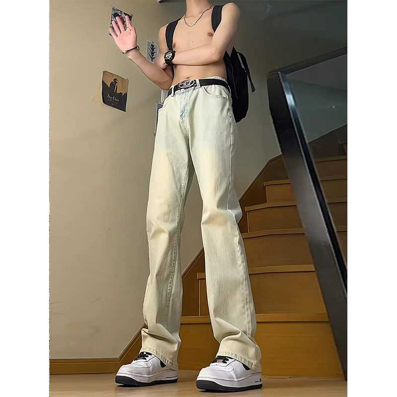 American Retro Vibe Pants for Men, High Street Yellow Mud-Colored Jeans, Extra-Long for Tall People, Autumn Curved Knife-Flared Pants