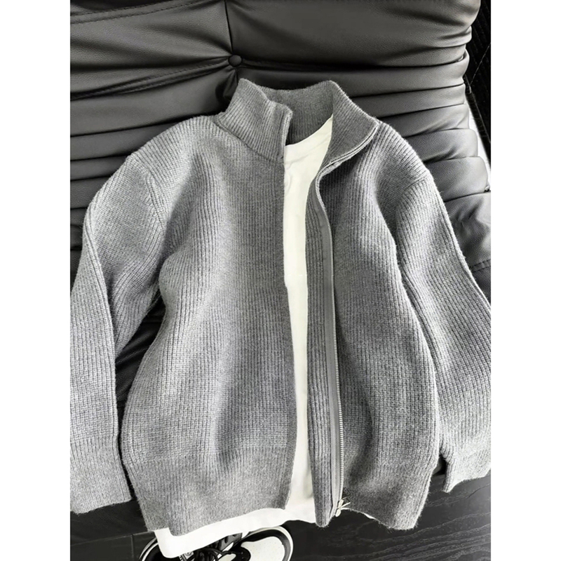 Gray High-End Zipper Sweater Men's Autumn Knitted Cardigan Jacket Lazy Style American Retro Stand-Up Collar Jacket