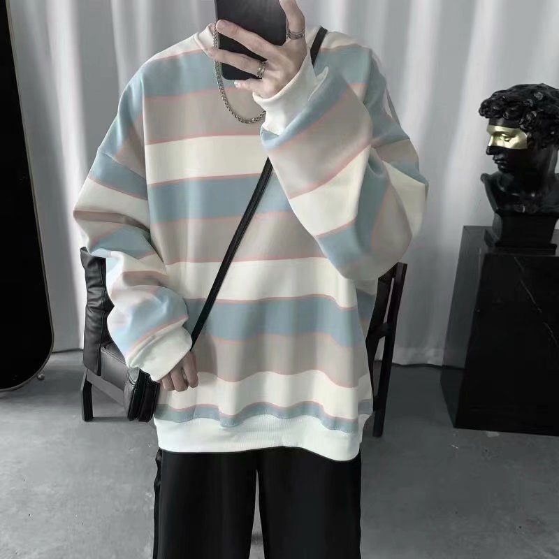 Spring trend striped casual top men's 2020 new Korean version thin clothes ins hip-hop bottoming shirt cec lazy wind