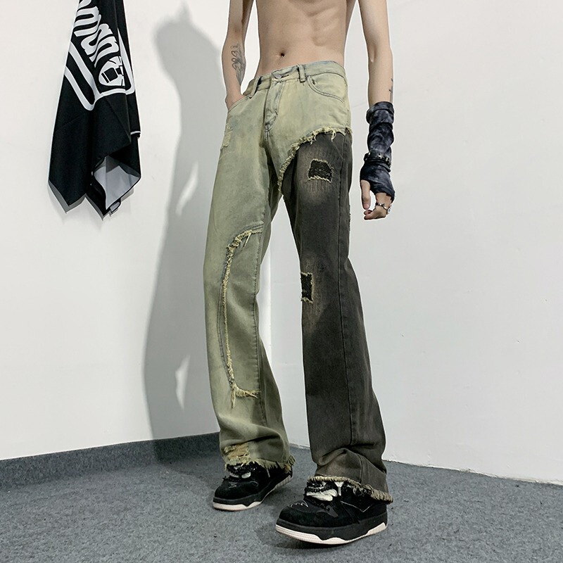 European and American Vibe Pants, American High Street Style Men's Retro Patchwork Ripped Jeans, Slim Fit Flared Two-Tone Pants
