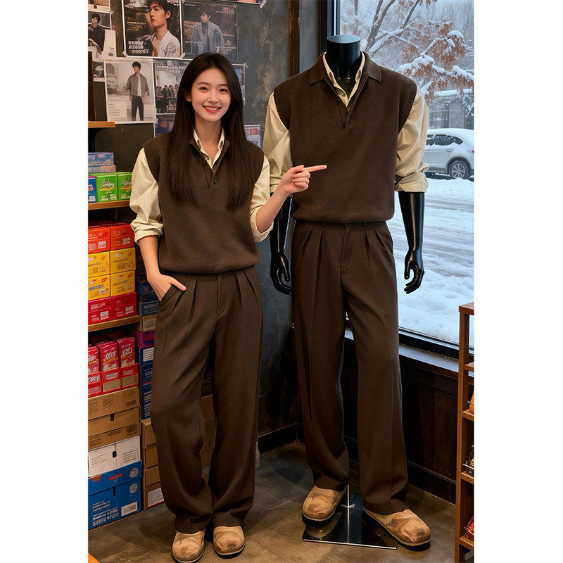 古銭風ポロカラーセーターベスト（メンズ、春秋用、ノースリーブタンクトップ、重ね着、ベースレイヤーニットウェア）