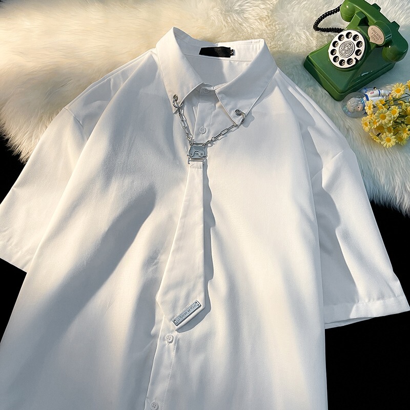 High-End Cityboy Chain Fake Tie Short-Sleeved Shirt for Men and Women, Chic Preppy Style, Street-Style Cool Shirt Trend