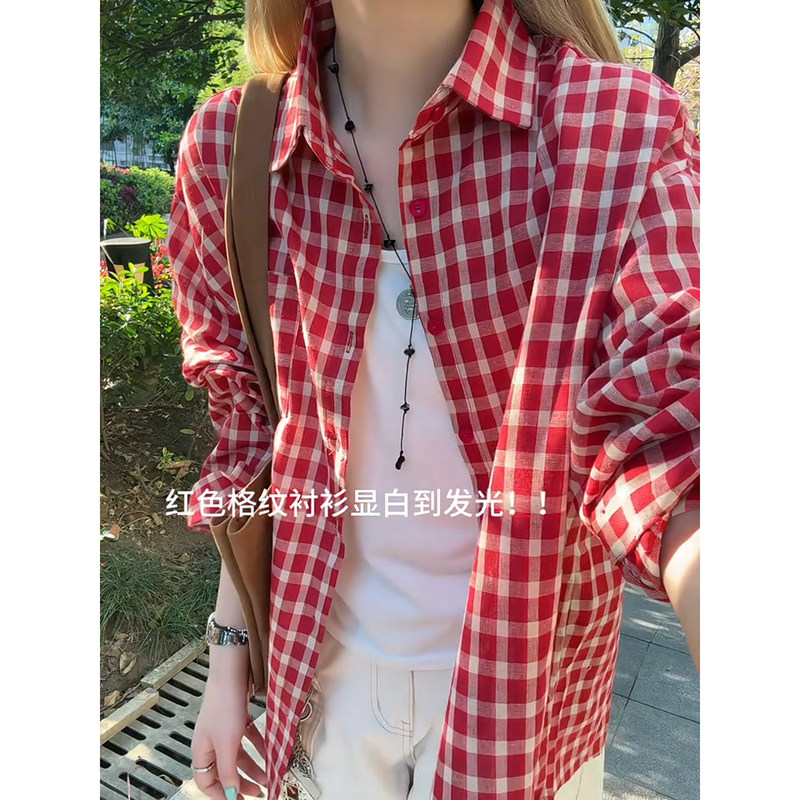 American Retro Red Plaid Shirt for Men, Summer Sun Protection Plaid Shirt, Korean Style Lazy and Relaxed Thin Jacket