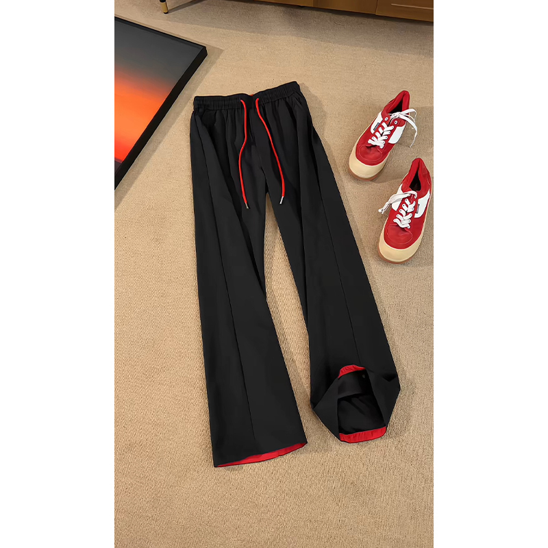 American Retro Black and Red Sweatpants for Men, Autumn Cleanfit Design, Color-Blocking Straight-Leg Casual Sports Pants