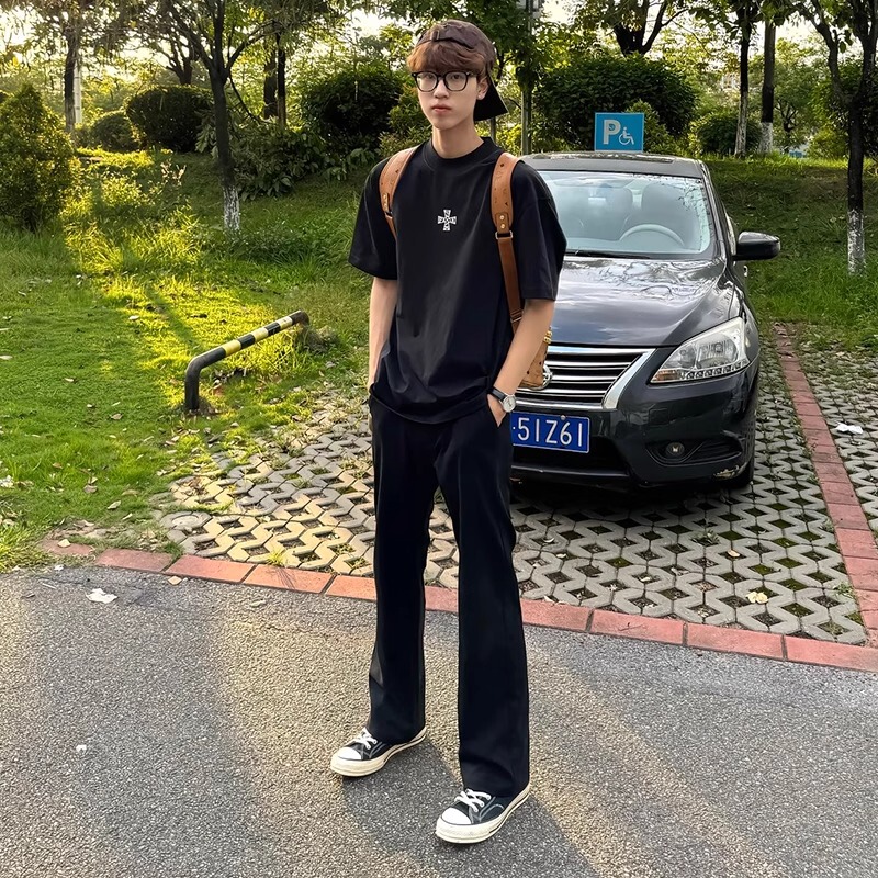 Black Ice Silk Straight-Leg Dress Pants for Men, Summer Thin Style, American-Style Crotch Lift Pants, Cleanfit, Cool and Quick-Drying, Slightly Flared Pants