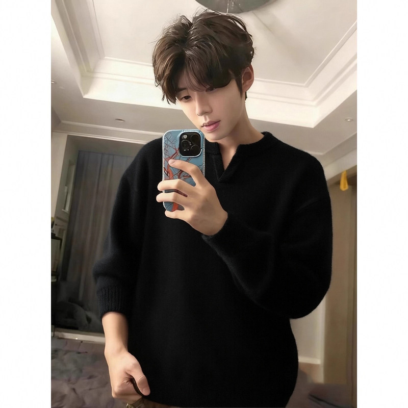 Black V-Neck Knit Sweater for Men, Autumn and Winter, Fleece-Lined, High-End Base Layer, Can Be Worn Outside, Thickened Sweater Sweatshirt