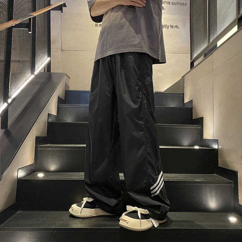 American Black Striped Pants Men And Women High Street Sports Pants Ins Tide Cards Straight Barrel Pants Loose Casual Long Pants Summer Thin-Taobao
