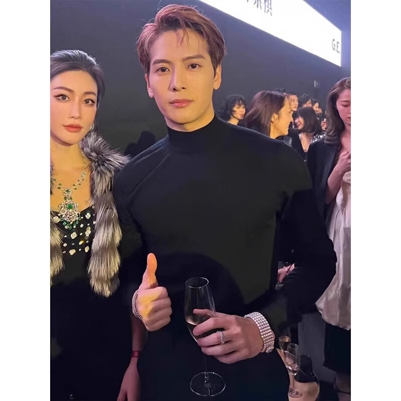 Jackson Wang Style Korean Half-Turtleneck Cashmere Sweater for Men, Autumn and Winter Trendy Black Base Layer Slim Fit