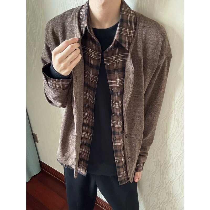 Men's Plaid Shirt with a Layered Look, Autumn Style, Old Money Vibe, High-End Feel, Turn-Down Collar Sweater, Plaid Patchwork Jacket Men's Plaid Shirt with a Layered Look, Autumn Style, Old Money Vibe, High-End Feel, Turn-Down Collar Sweater, Plaid Patchwork Jacket
