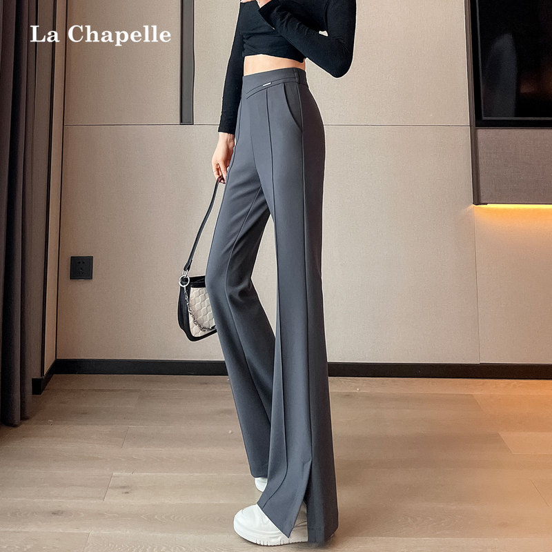 La Chapelle Gray Suit-Style Flared Pants for Women, Autumn and Winter, High-Waisted, Slimming, Petite, Casual, Slit, Fleece-Lined Bell-Bottom Pants
