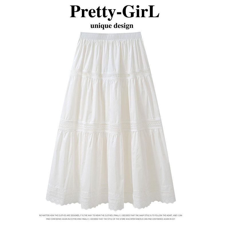 La Chapelle White Skirt for Women, Spring and Summer Mid-Length Lace Hollow-Out Tiered Skirt, A-Line Skirt, Fairy Skirt